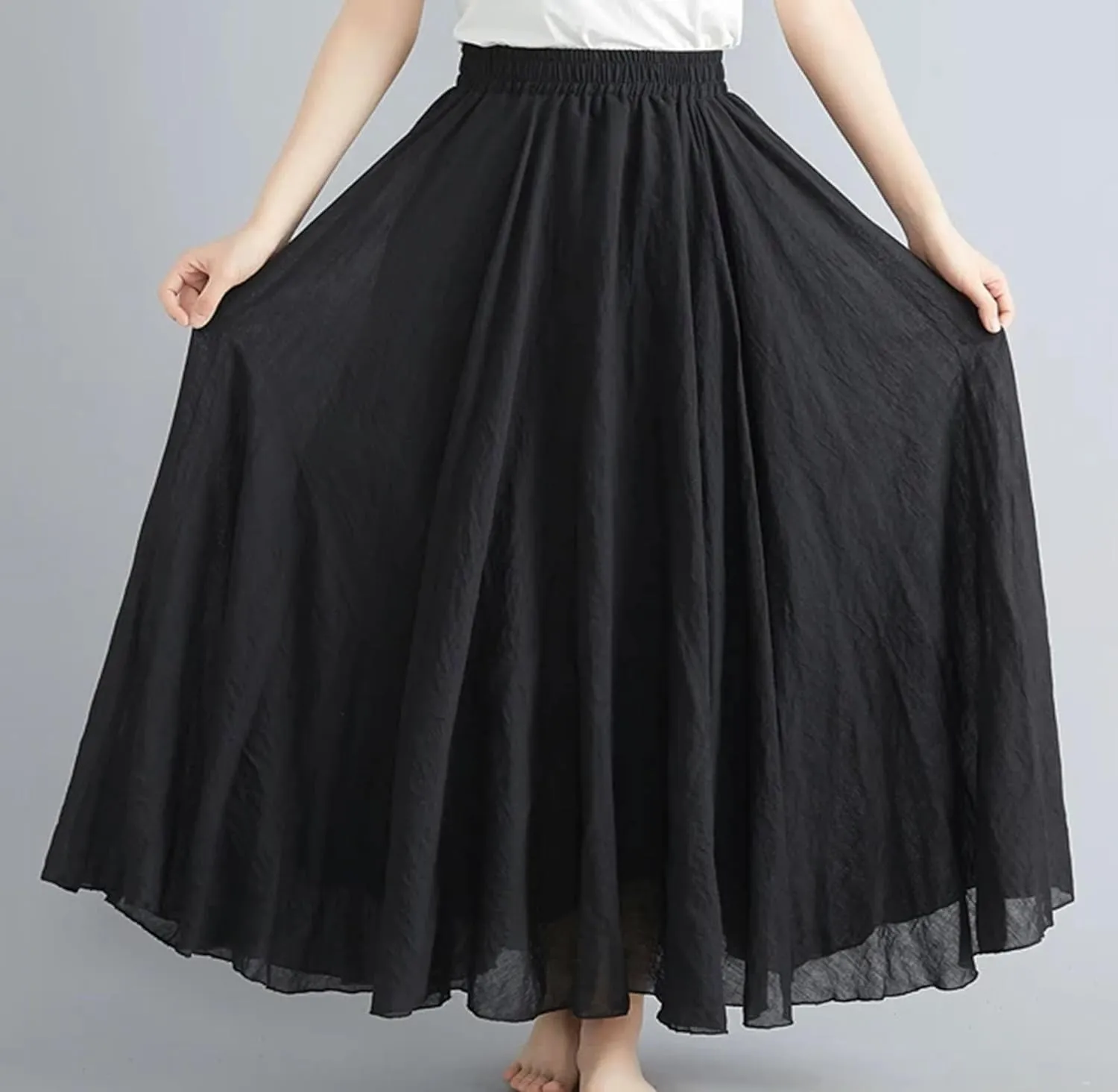 Women's Cotton Linen Maxi Skirt - Lightweight High Waist Stretchy Waistband, Flowy A-Line Casual Skirt Teacher Outfits