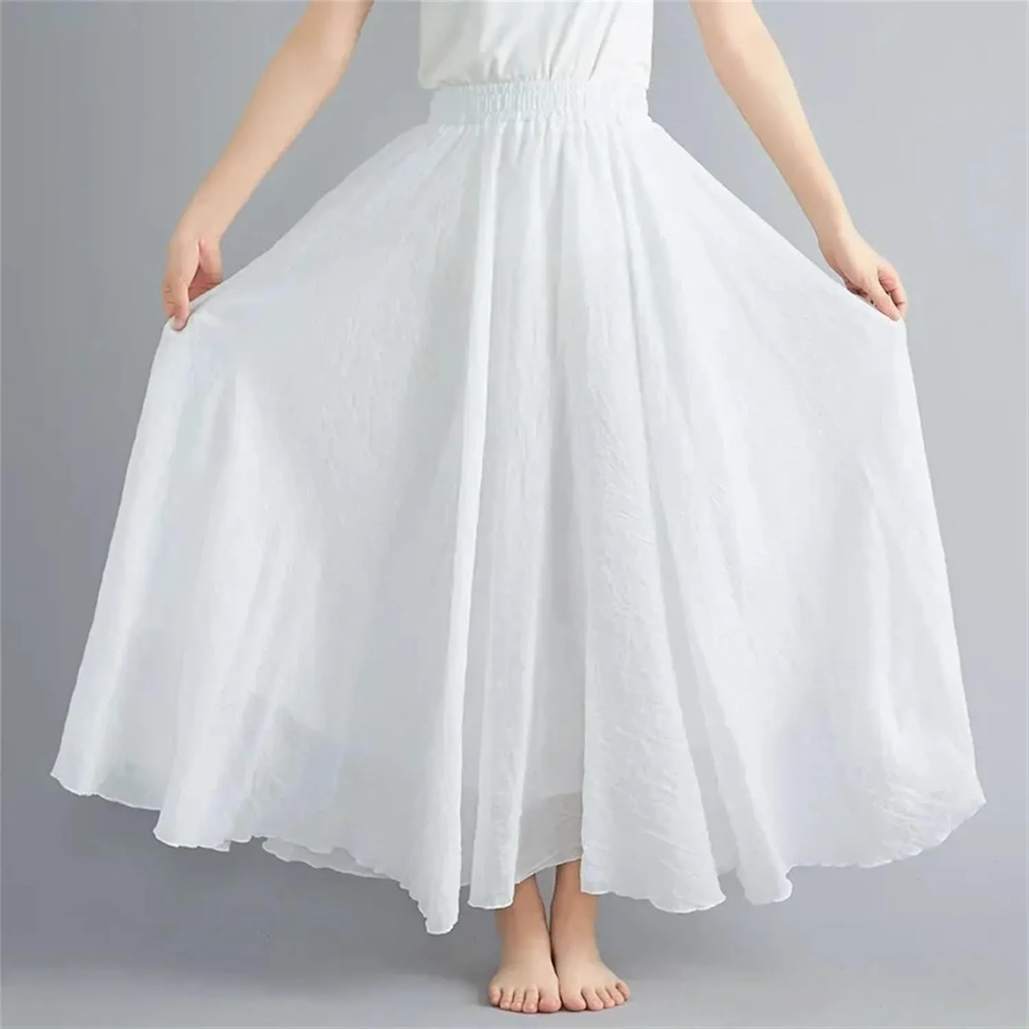 Women's Cotton Linen Maxi Skirt - Lightweight High Waist Stretchy Waistband, Flowy A-Line Casual Skirt Teacher Outfits