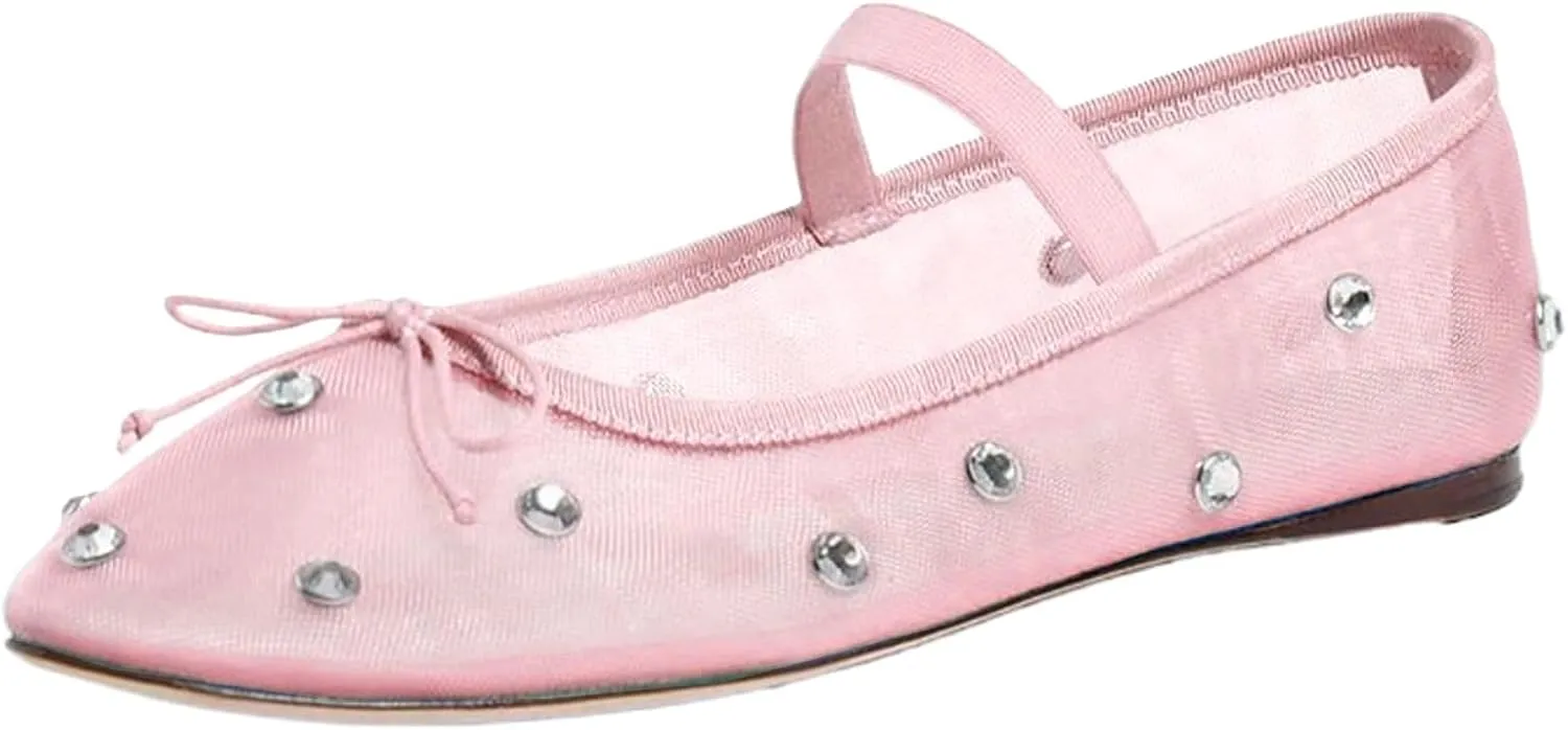 Women's Crystal Mesh Ballet Flats Shoes Round Toe Slip On Ballerina Flats for Women Rhinestone Flats Shoes Dressy Comfortable Casual Styles Mary Jane