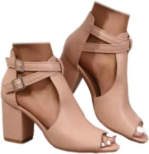 Women's Dress Booties Summer Cut Out Chunky Heeled Sandals Ankle Buckle Strap Peep Toe Boots