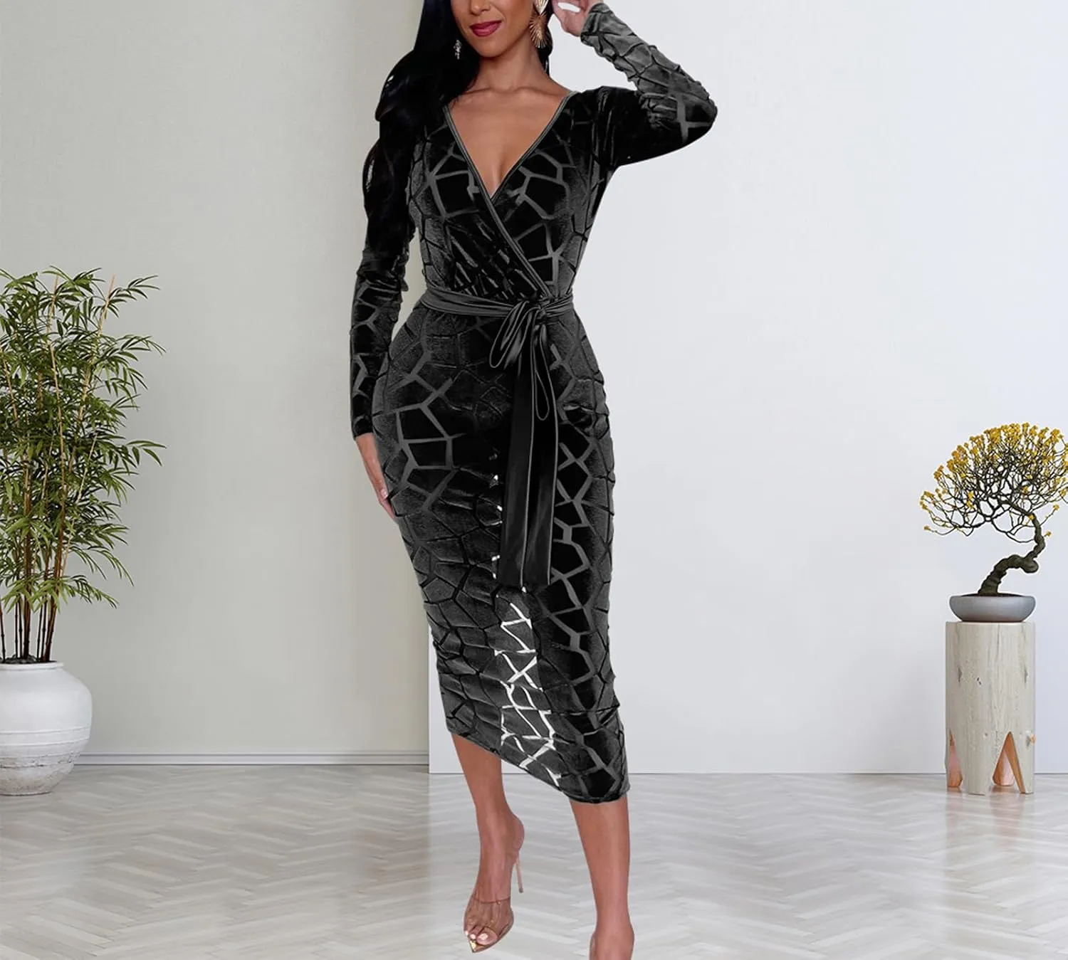 Women's Elegant Bodycon Long Dresses Deep V Neck Long Sleeves Club Night Party Midi Dress