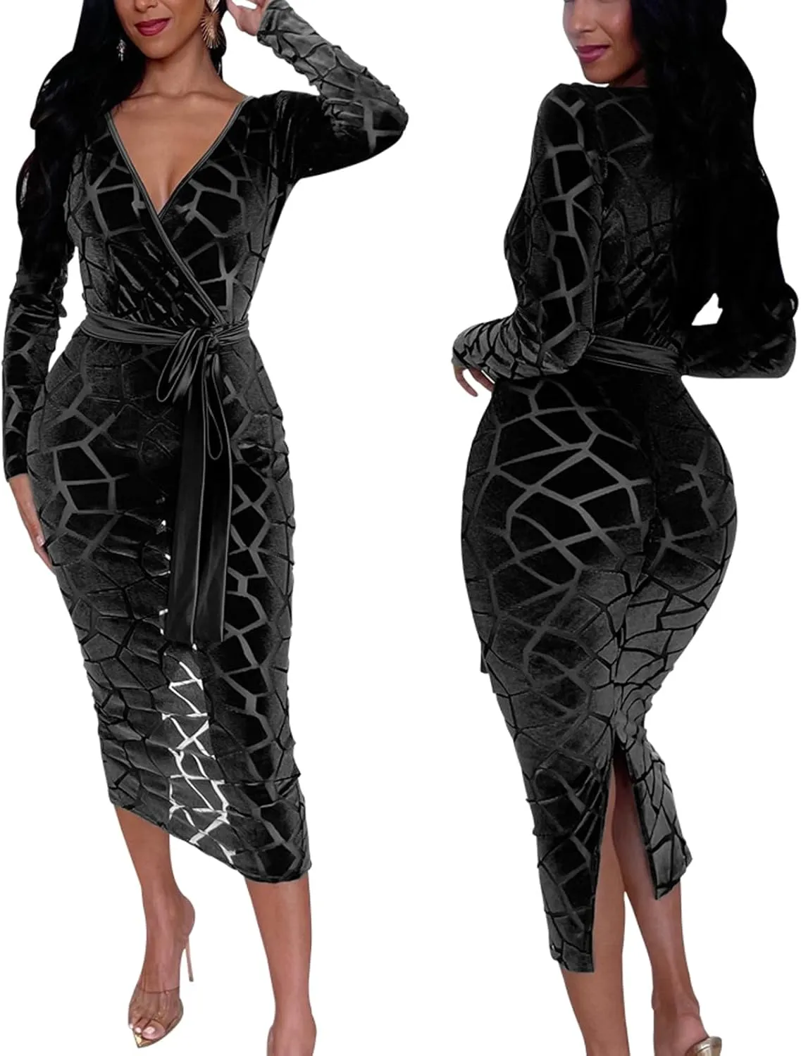 Women's Elegant Bodycon Long Dresses Deep V Neck Long Sleeves Club Night Party Midi Dress
