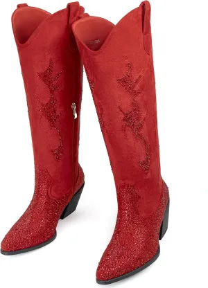 Women's Embroidered Wide Calf Western Cowgirl High Knee Boots Pull On Pointed Toe Cowboy Tall Boots for Ladies