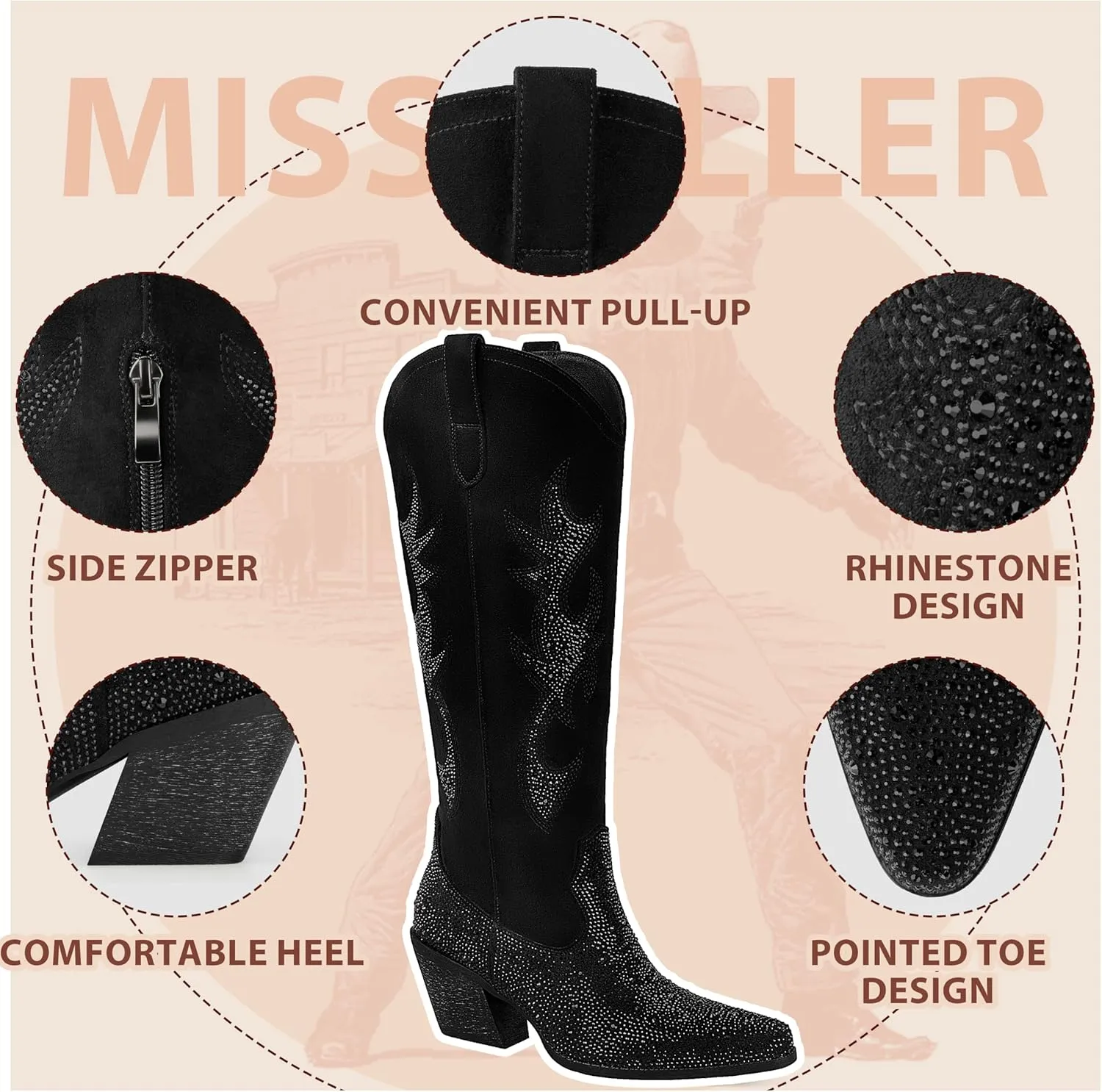 Women's Embroidered Wide Calf Western Cowgirl High Knee Boots Pull On Pointed Toe Cowboy Tall Boots for Ladies