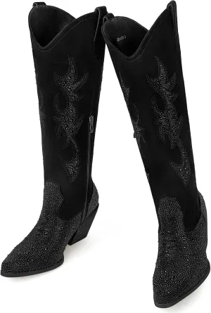 Women's Embroidered Wide Calf Western Cowgirl High Knee Boots Pull On Pointed Toe Cowboy Tall Boots for Ladies