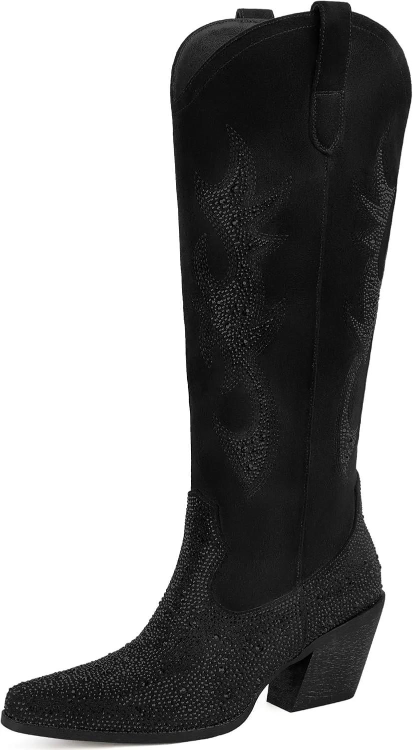 Women's Embroidered Wide Calf Western Cowgirl High Knee Boots Pull On Pointed Toe Cowboy Tall Boots for Ladies