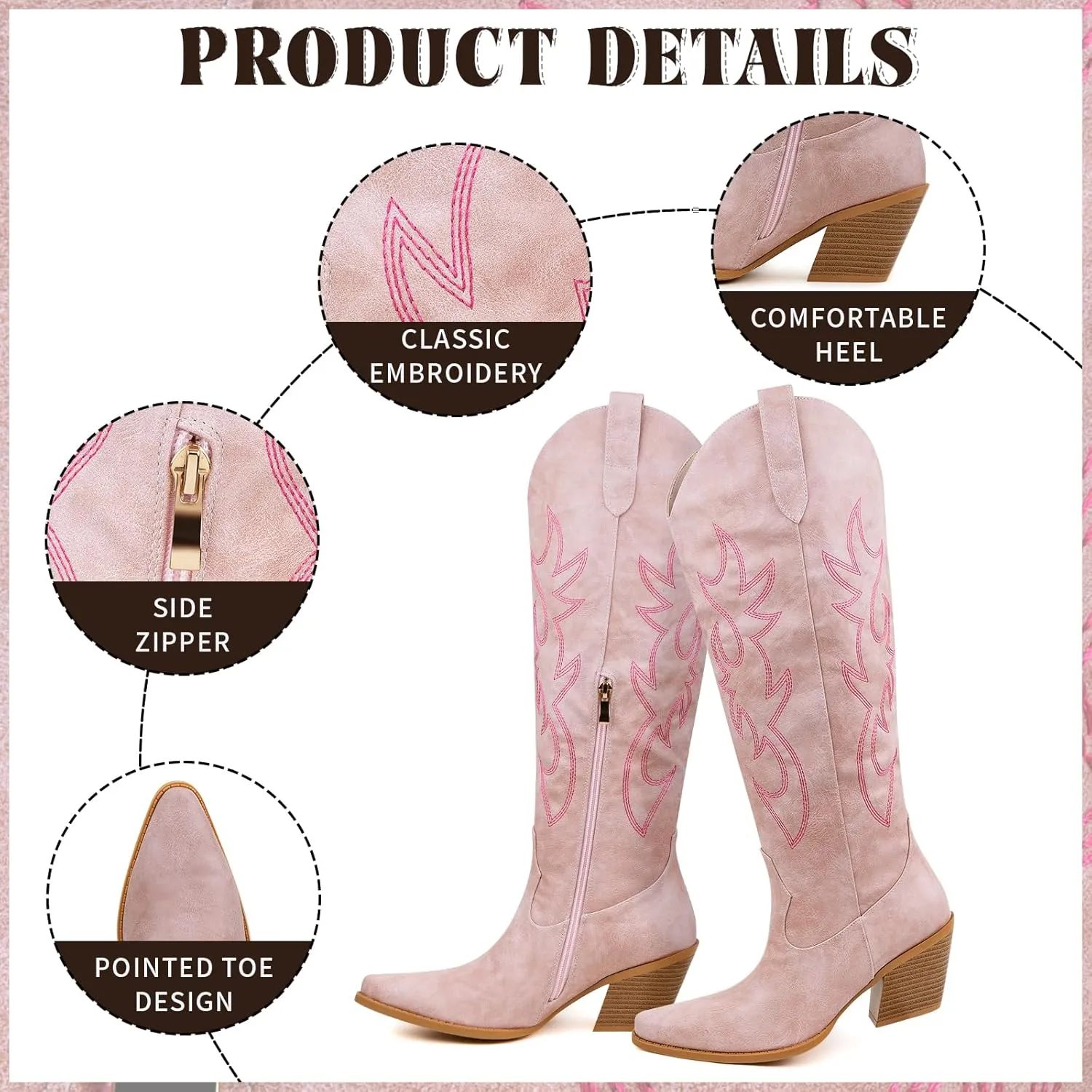 Women's Embroidered Wide Calf Western Cowgirl High Knee Boots Pull On Pointed Toe Cowboy Tall Boots for Ladies