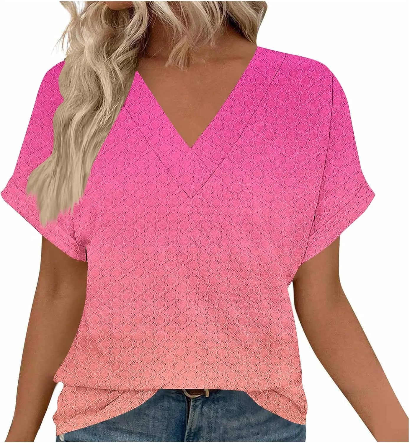 Women's Eyelet Dressy Shirts Elegant Gradient Casual V-Neck Blouse 2025 Summer Fashion Outfit Short Sleeve Tops