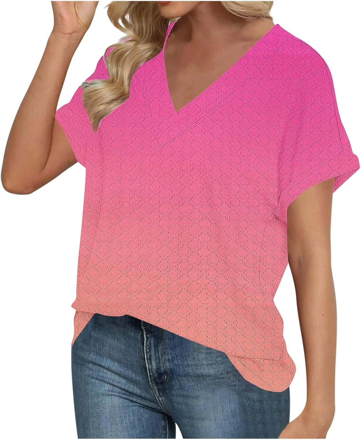 Women's Eyelet Dressy Shirts Elegant Gradient Casual V-Neck Blouse 2025 Summer Fashion Outfit Short Sleeve Tops