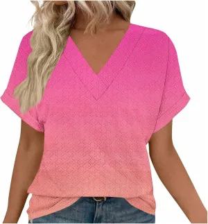 Women's Eyelet Dressy Shirts Elegant Gradient Casual V-Neck Blouse 2025 Summer Fashion Outfit Short Sleeve Tops