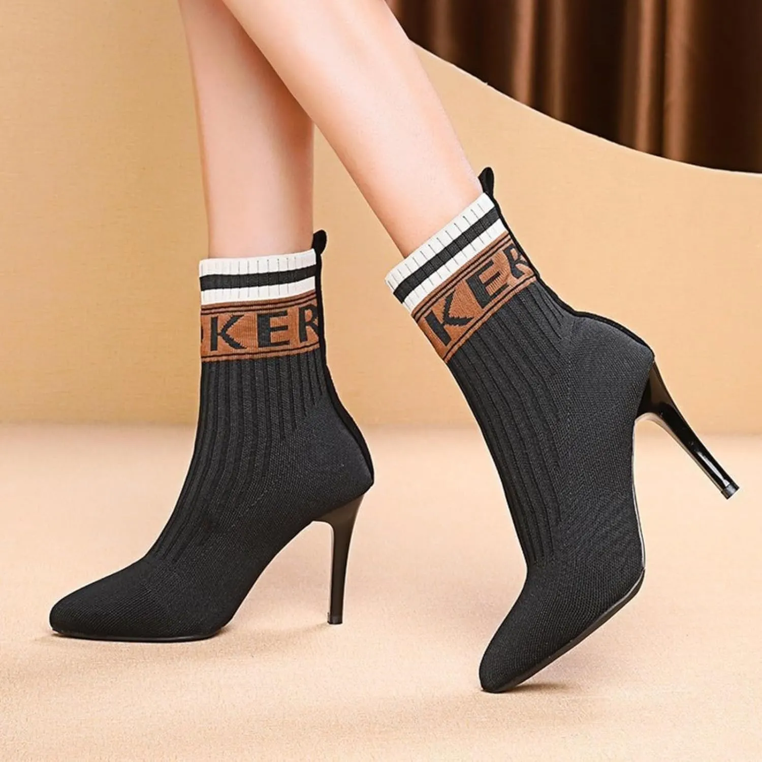 Women's Fashion Knit Stiletto High Heel Ankle Boots Stretch Knitted Fabric Short Sock Boots Sexy Pointed Toe Mid Calf Booties