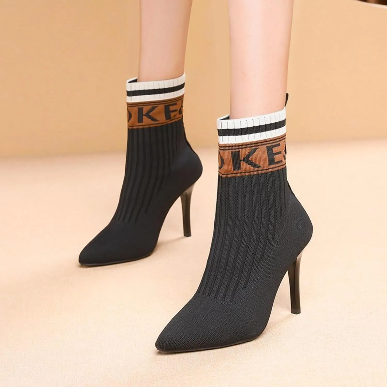 Women's Fashion Knit Stiletto High Heel Ankle Boots Stretch Knitted Fabric Short Sock Boots Sexy Pointed Toe Mid Calf Booties