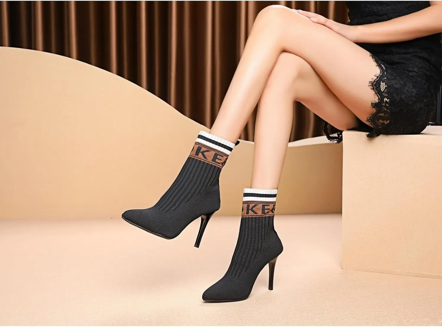 Women's Fashion Knit Stiletto High Heel Ankle Boots Stretch Knitted Fabric Short Sock Boots Sexy Pointed Toe Mid Calf Booties