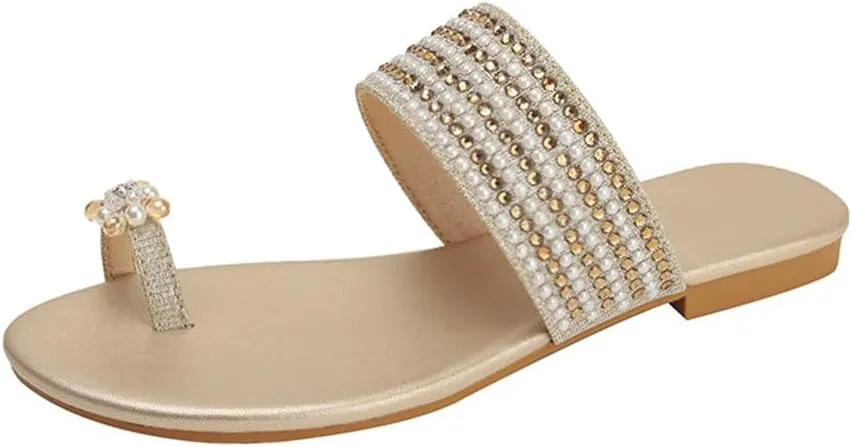 Women‘s Flats Sandals Gladiator Sandal’s Toe Ring Rhinestone Slide Sandal For Summer Dressy