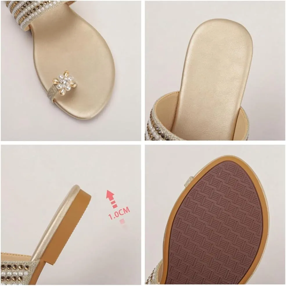 Women‘s Flats Sandals Gladiator Sandal’s Toe Ring Rhinestone Slide Sandal For Summer Dressy