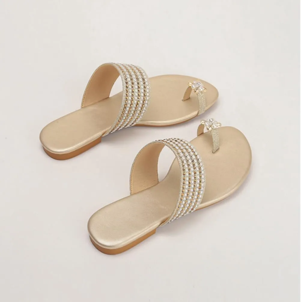 Women‘s Flats Sandals Gladiator Sandal’s Toe Ring Rhinestone Slide Sandal For Summer Dressy