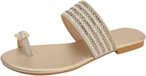Women‘s Flats Sandals Gladiator Sandal’s Toe Ring Rhinestone Slide Sandal For Summer Dressy