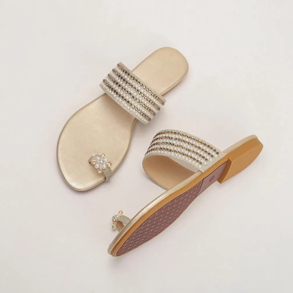 Women‘s Flats Sandals Gladiator Sandal’s Toe Ring Rhinestone Slide Sandal For Summer Dressy