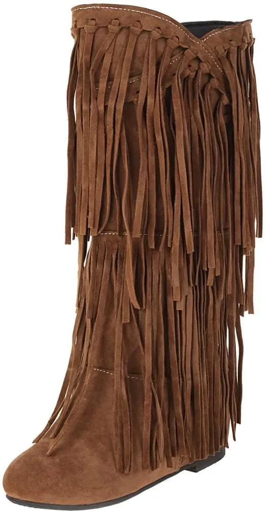 Womens Fringe Western Boots Fashion Hidden Heel Knee-high Boots Round Toe Platform Tassel Moccasin Boots