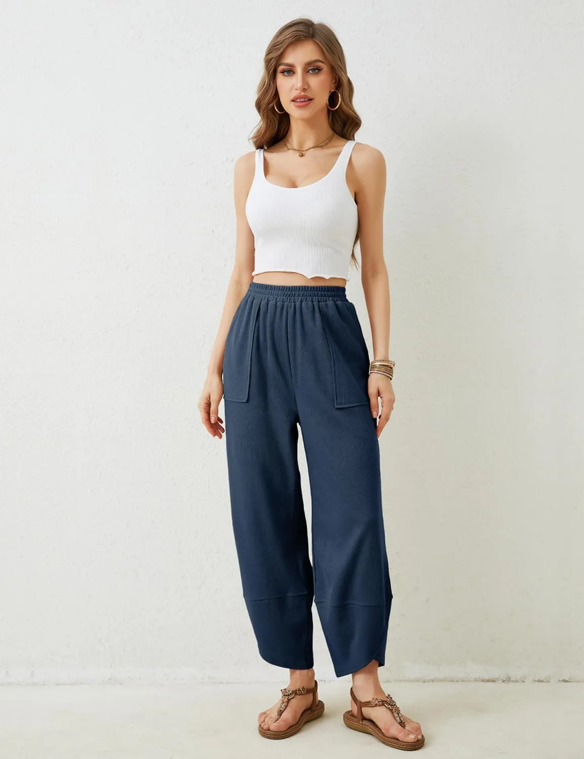Womens Harem Pants Summer Casual 2025 Elastic Waist Palazzo Baggy Pants Wide Leg Sweatpants with Pockets