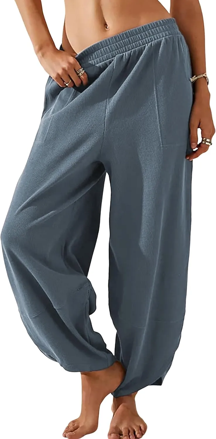 Womens Harem Pants Summer Casual Cotton Elastic Waist Palazzo Baggy Pants Wide Leg Sweatpants with Pockets