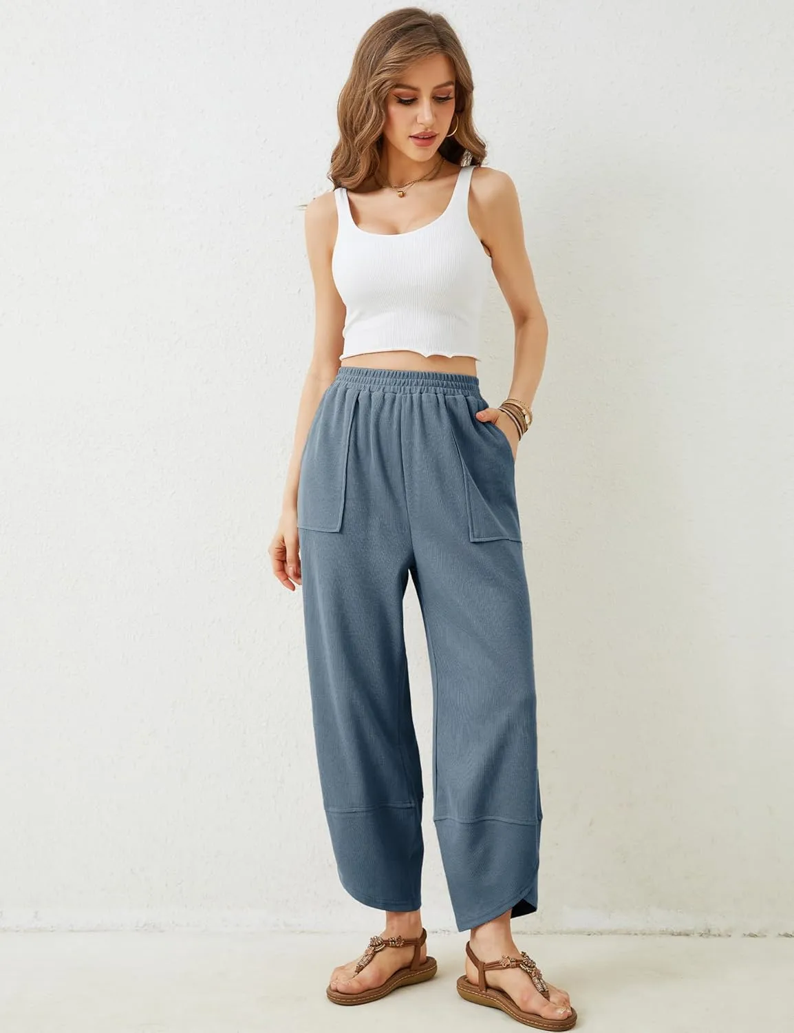 Womens Harem Pants Summer Casual Cotton Elastic Waist Palazzo Baggy Pants Wide Leg Sweatpants with Pockets