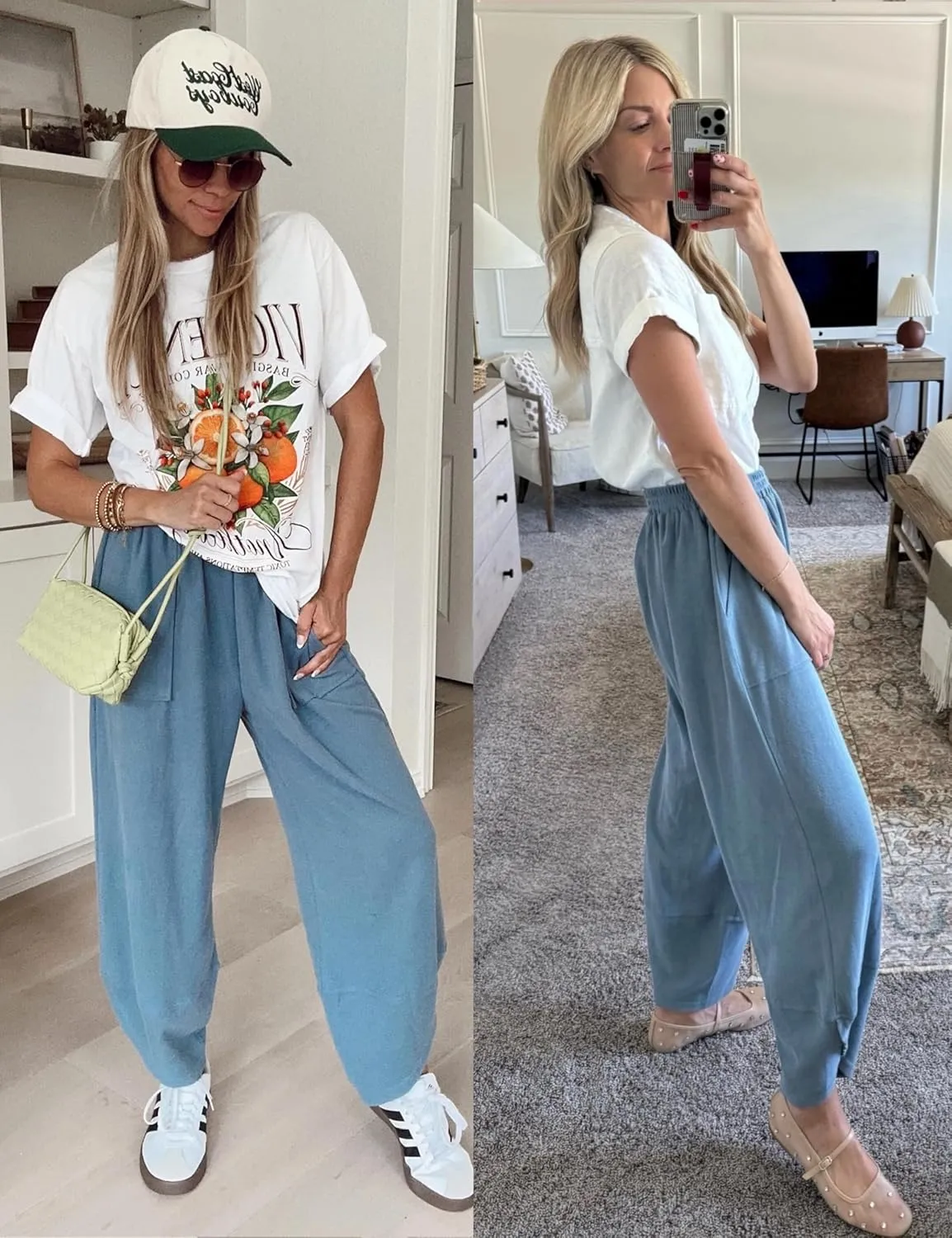 Womens Harem Pants Summer Casual Cotton Elastic Waist Palazzo Baggy Pants Wide Leg Sweatpants with Pockets