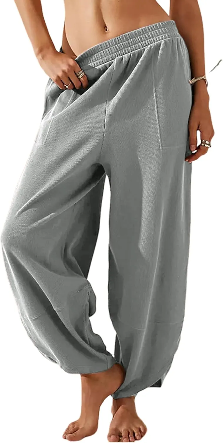 Womens Harem Pants Summer Casual Cotton Elastic Waist Palazzo Baggy Pants Wide Leg Sweatpants with Pockets