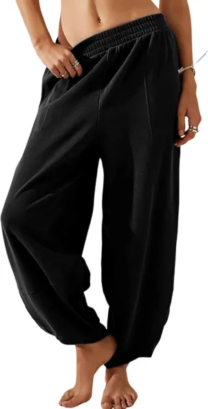 Womens Harem Pants Summer Casual Cotton Elastic Waist Palazzo Baggy Pants Wide Leg Sweatpants with Pockets