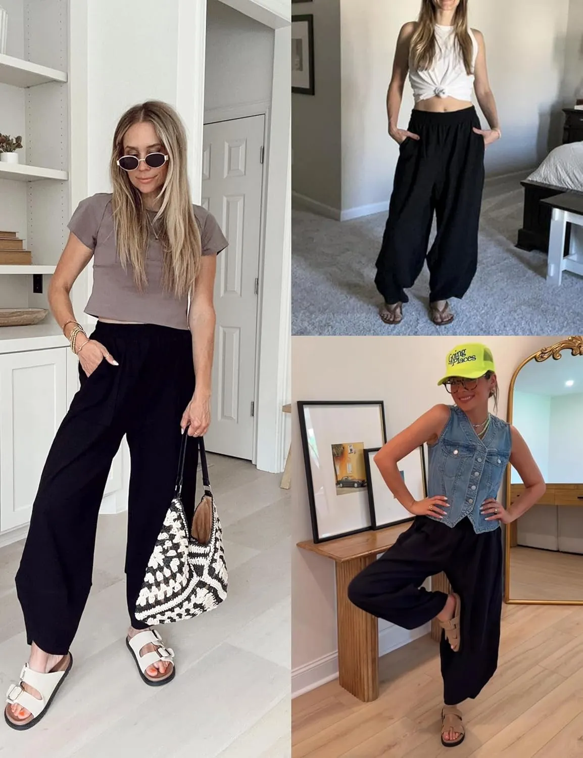Womens Harem Pants Summer Casual Cotton Elastic Waist Palazzo Baggy Pants Wide Leg Sweatpants with Pockets