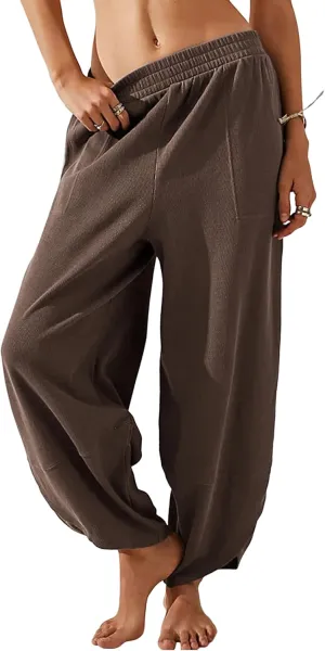 Womens Harem Pants Summer Casual Cotton Elastic Waist Palazzo Baggy Pants Wide Leg Sweatpants with Pockets