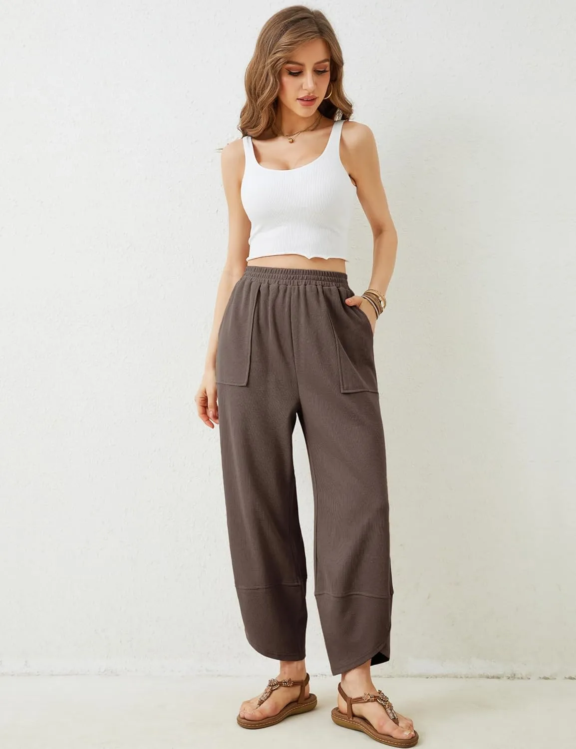 Womens Harem Pants Summer Casual Cotton Elastic Waist Palazzo Baggy Pants Wide Leg Sweatpants with Pockets