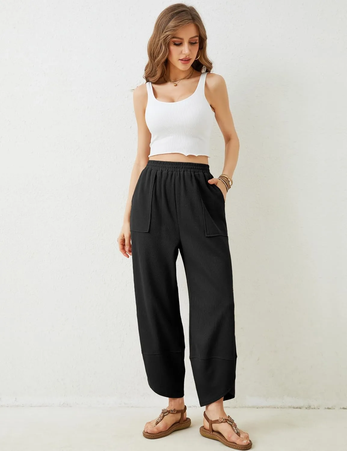 Womens Harem Pants Summer Casual Cotton Elastic Waist Palazzo Baggy Pants Wide Leg Sweatpants with Pockets