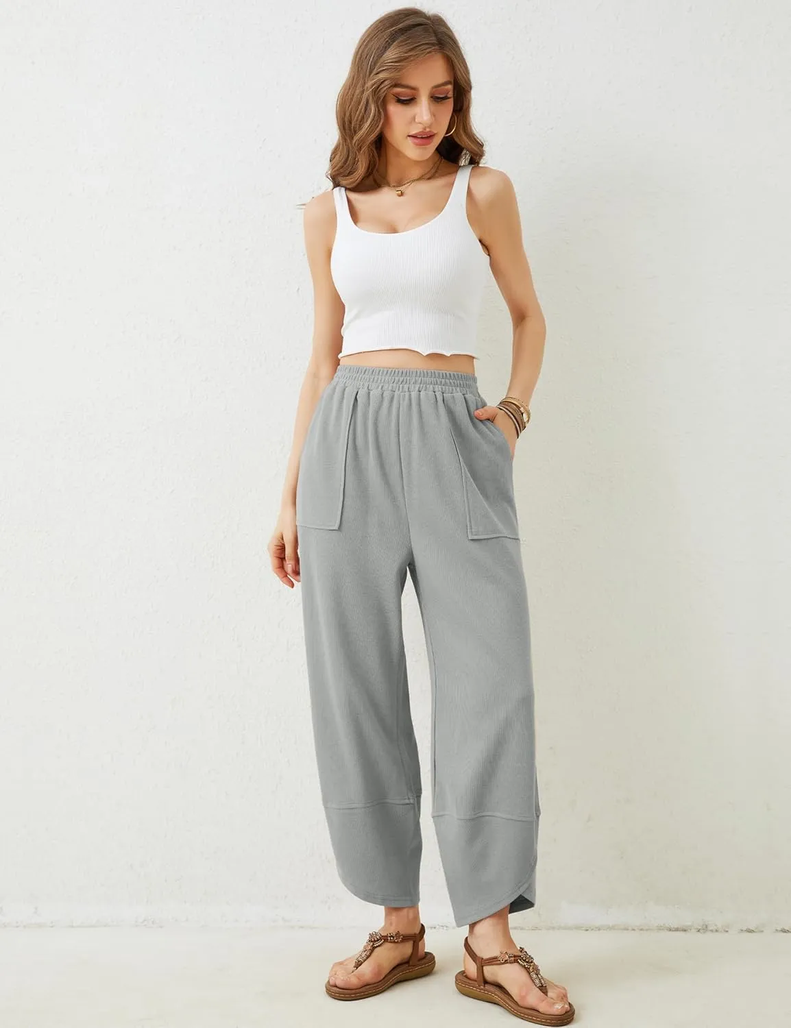Womens Harem Pants Summer Casual Cotton Elastic Waist Palazzo Baggy Pants Wide Leg Sweatpants with Pockets