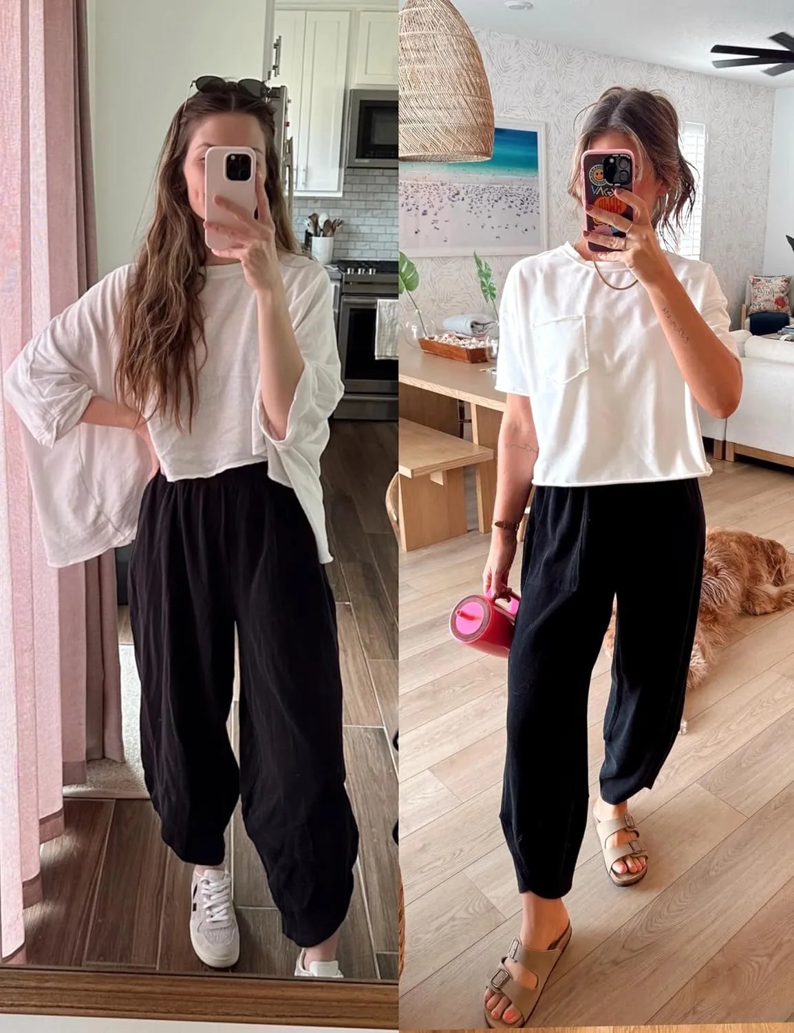 Womens Harem Pants Summer Casual Cotton Elastic Waist Palazzo Baggy Pants Wide Leg Sweatpants with Pockets