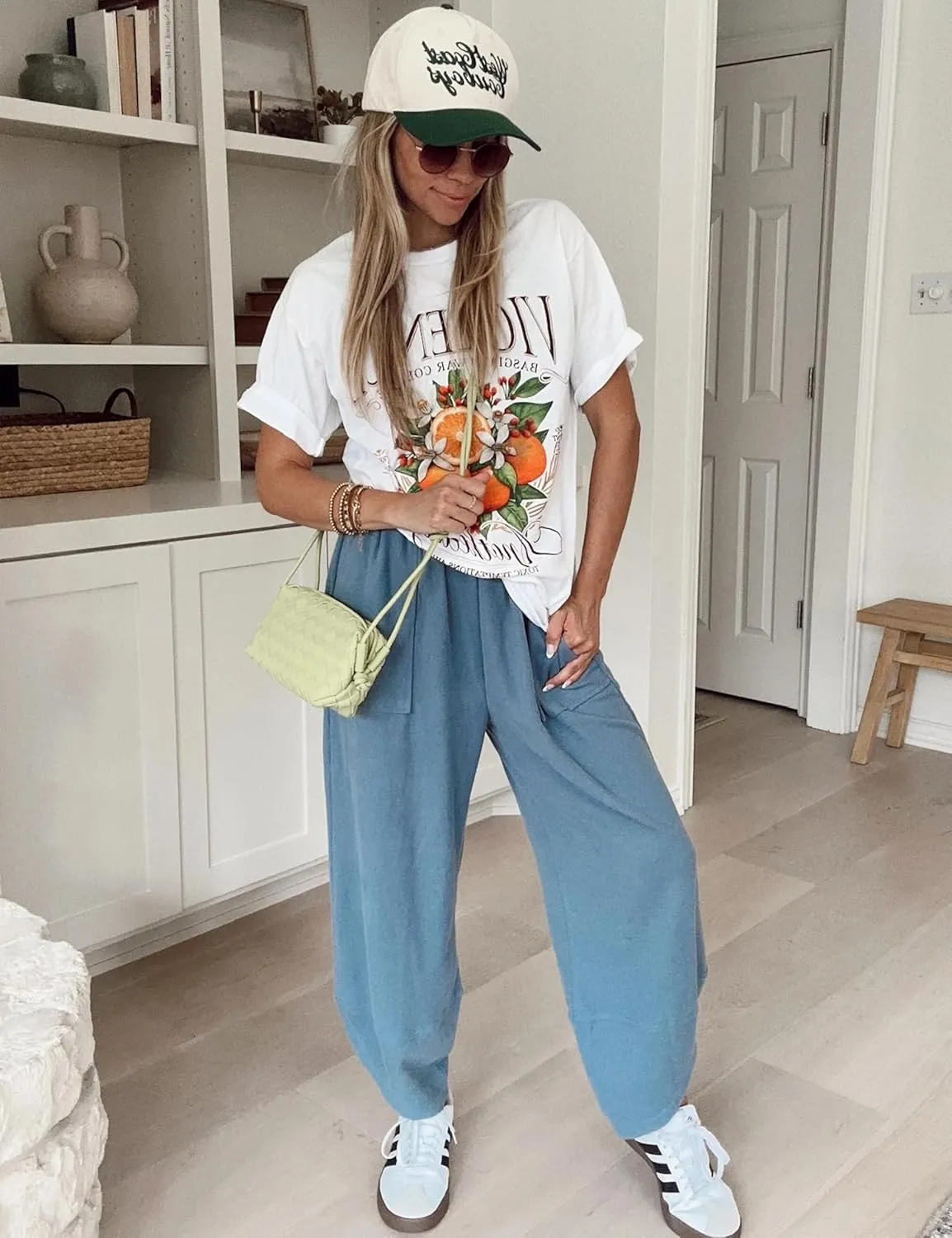 Womens Harem Pants Summer Casual Cotton Elastic Waist Palazzo Baggy Pants Wide Leg Sweatpants with Pockets