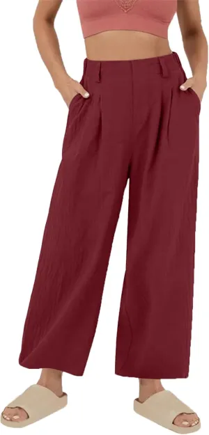 Women's High-Waisted Wide Leg Linen Pants Casual Loose Palazzo Trousers with Pockets Comfy Smocked Flowy Beach Pants