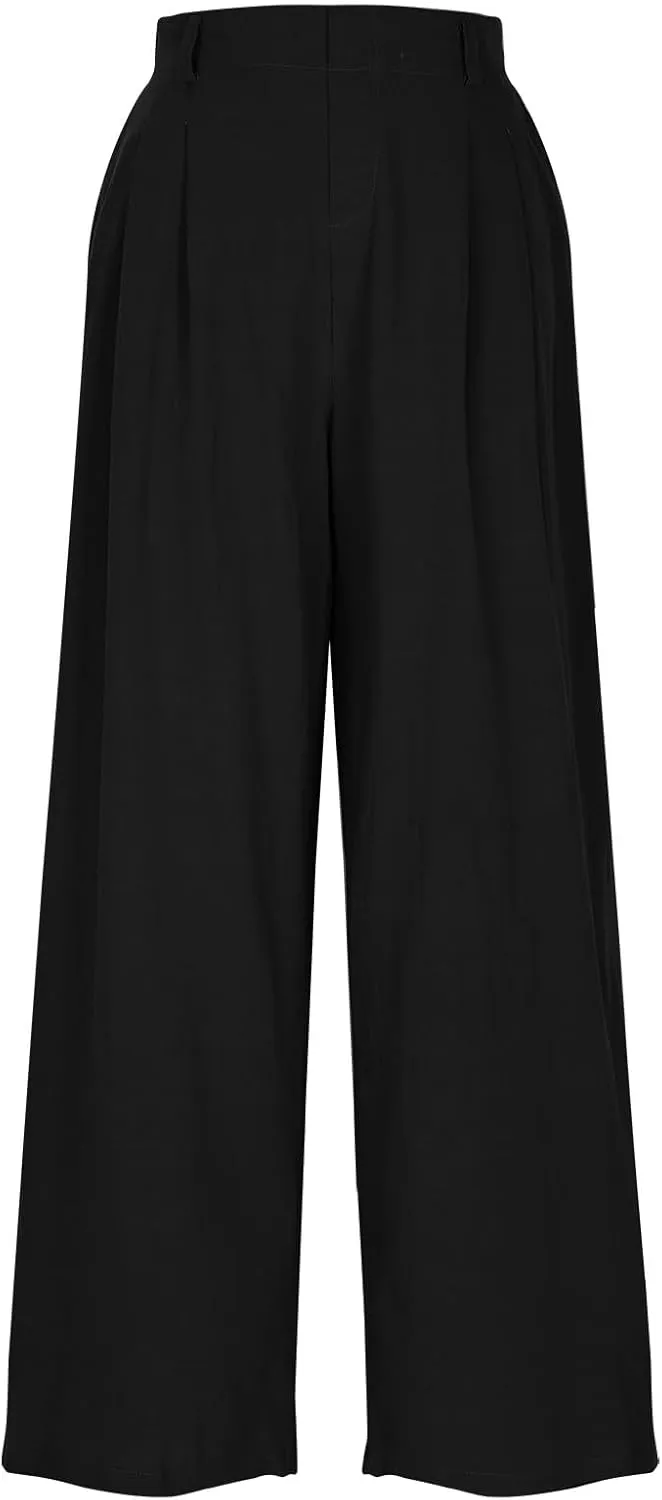 Women's High-Waisted Wide Leg Linen Pants Casual Loose Palazzo Trousers with Pockets Comfy Smocked Flowy Beach Pants
