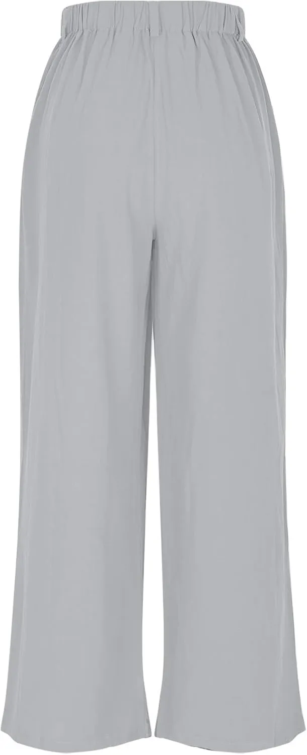 Women's High-Waisted Wide Leg Linen Pants Casual Loose Palazzo Trousers with Pockets Comfy Smocked Flowy Beach Pants