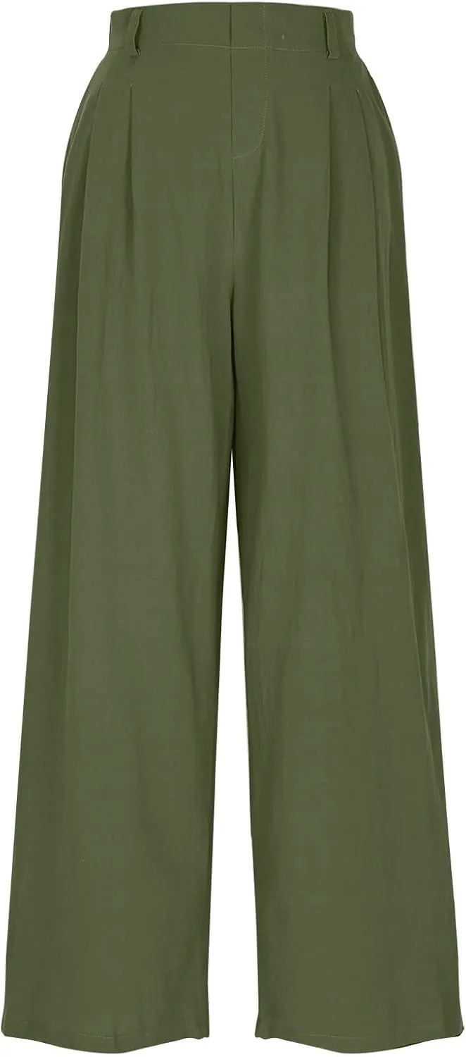 Women's High-Waisted Wide Leg Linen Pants Casual Loose Palazzo Trousers with Pockets Comfy Smocked Flowy Beach Pants