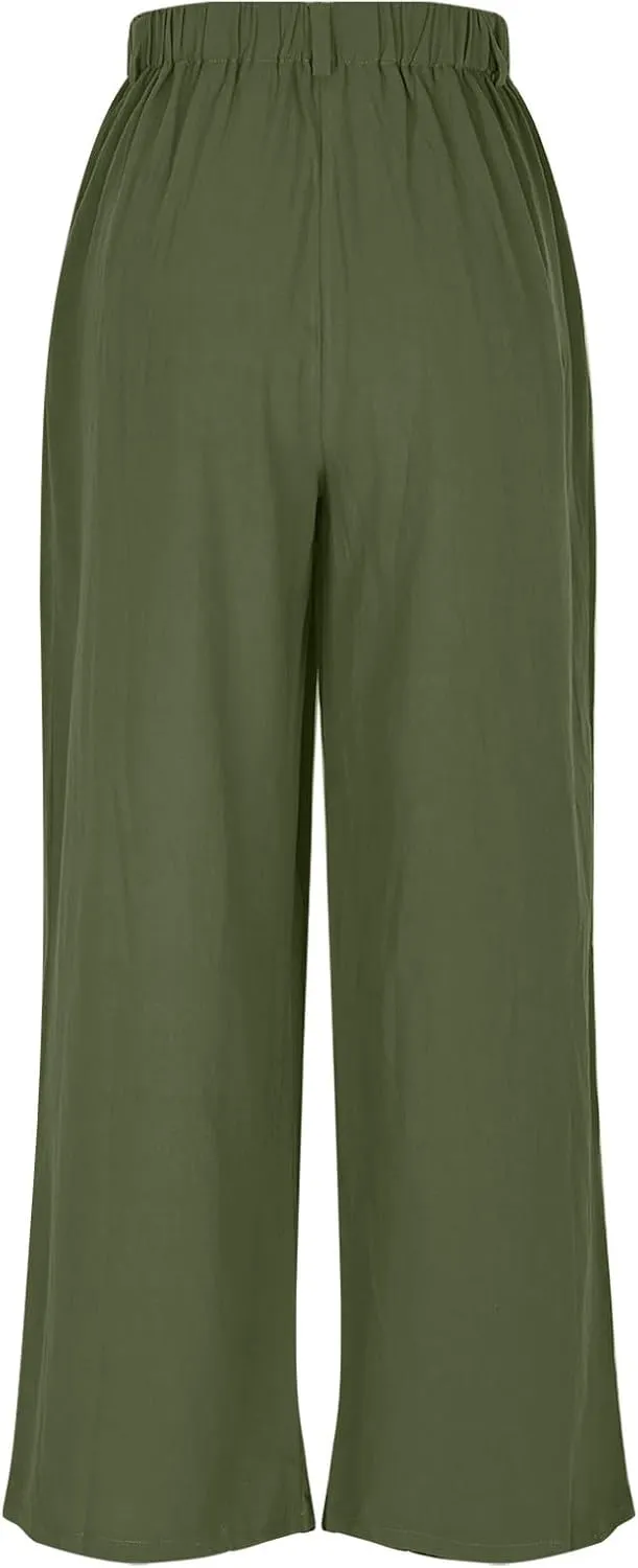 Women's High-Waisted Wide Leg Linen Pants Casual Loose Palazzo Trousers with Pockets Comfy Smocked Flowy Beach Pants