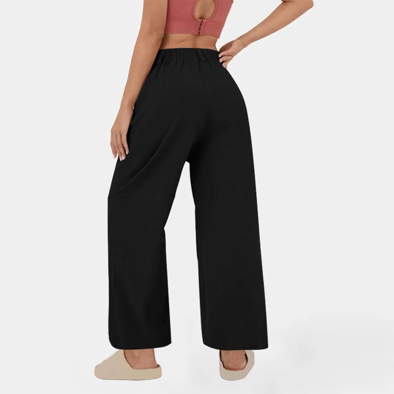 Women's High-Waisted Wide Leg Linen Pants Casual Loose Palazzo Trousers with Pockets Comfy Smocked Flowy Beach Pants