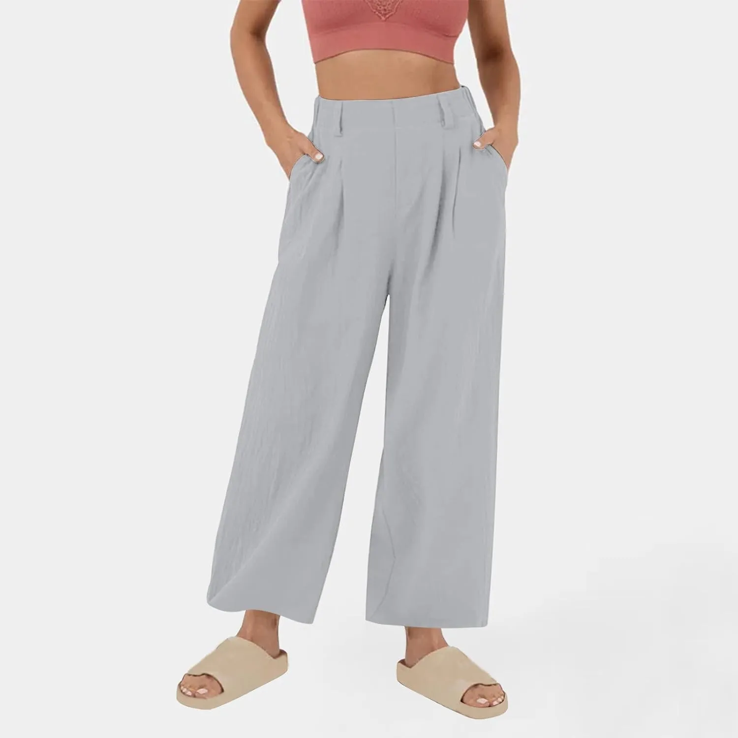 Women's High-Waisted Wide Leg Linen Pants Casual Loose Palazzo Trousers with Pockets Comfy Smocked Flowy Beach Pants