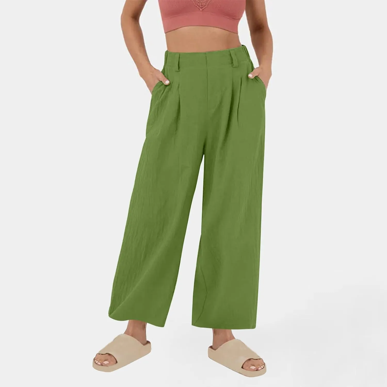 Women's High-Waisted Wide Leg Linen Pants Casual Loose Palazzo Trousers with Pockets Comfy Smocked Flowy Beach Pants
