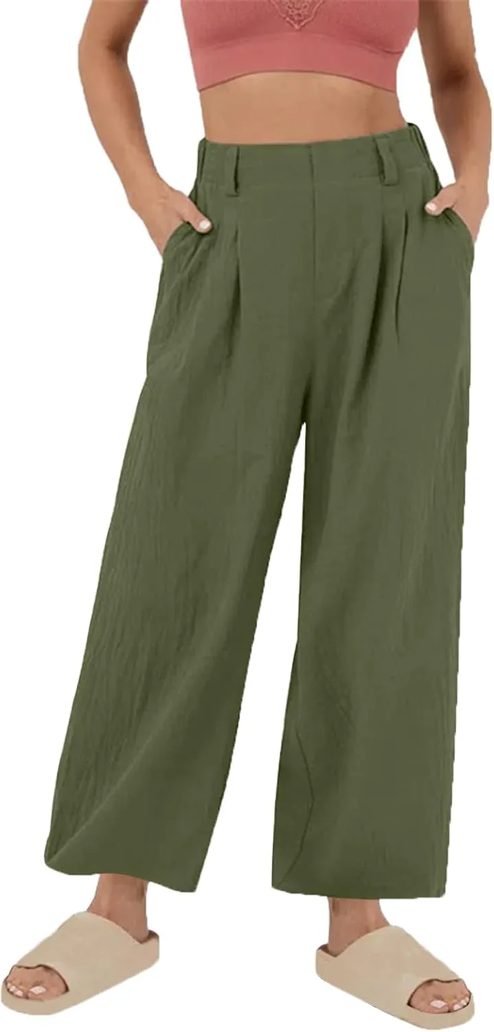 Women's High-Waisted Wide Leg Linen Pants Casual Loose Palazzo Trousers with Pockets Comfy Smocked Flowy Beach Pants