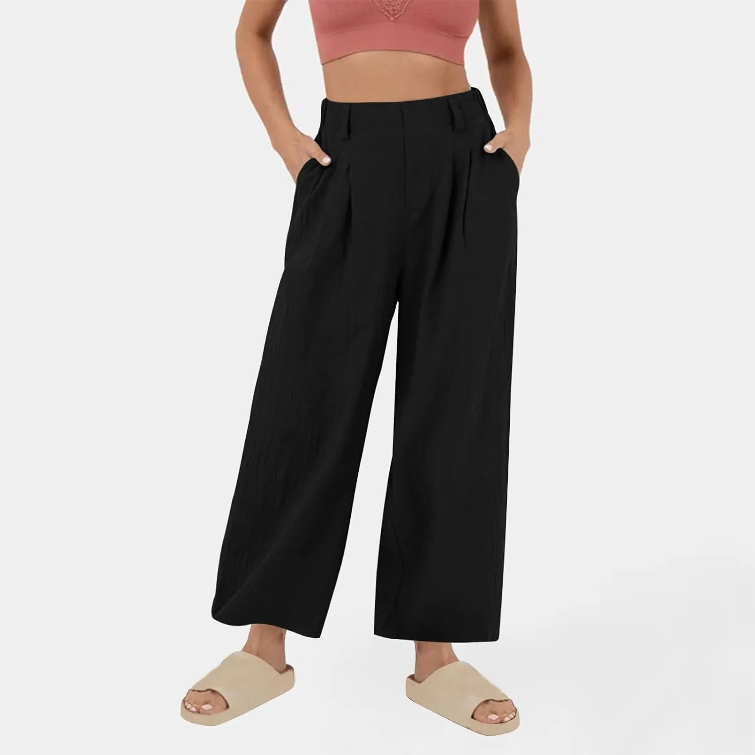 Women's High-Waisted Wide Leg Linen Pants Casual Loose Palazzo Trousers with Pockets Comfy Smocked Flowy Beach Pants