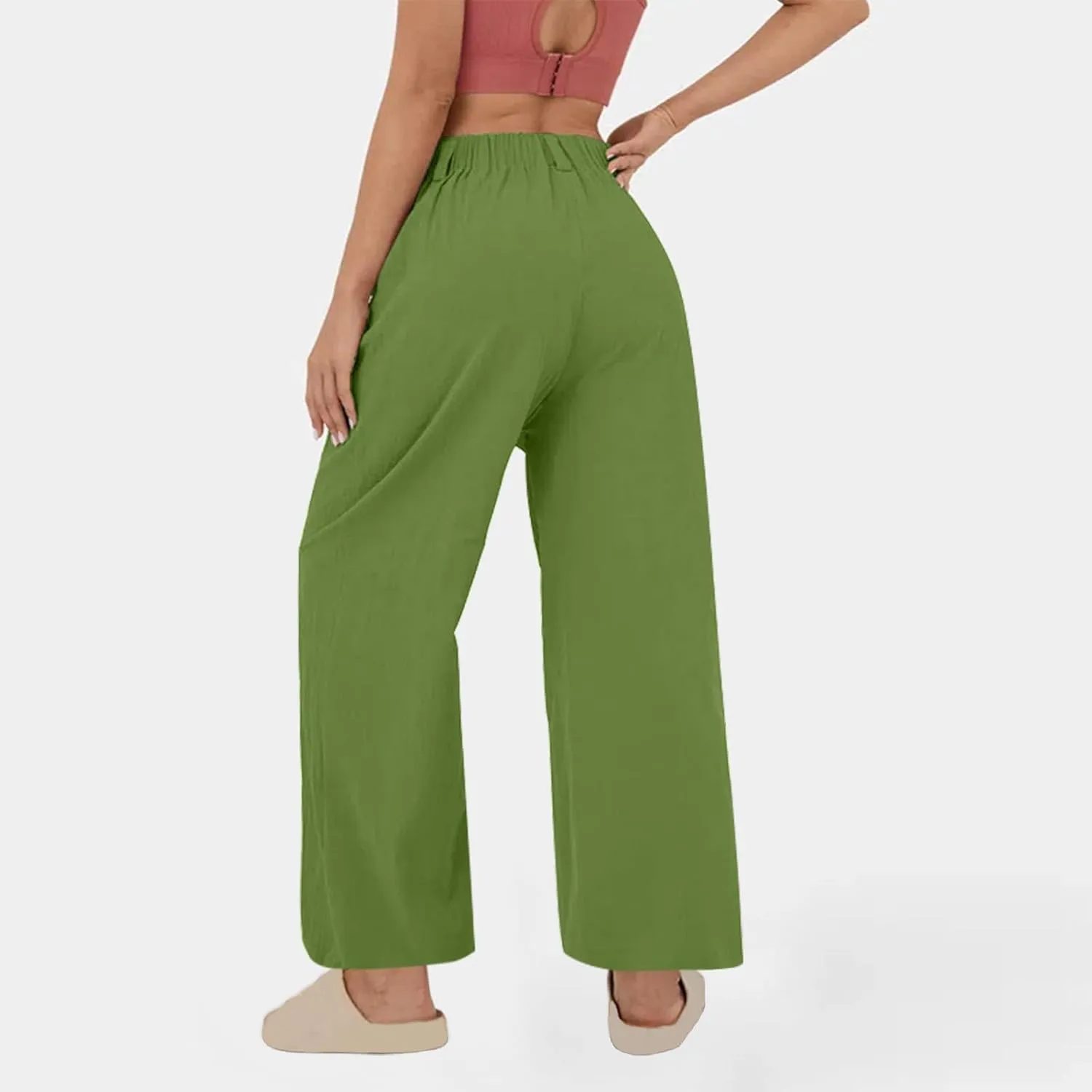 Women's High-Waisted Wide Leg Linen Pants Casual Loose Palazzo Trousers with Pockets Comfy Smocked Flowy Beach Pants