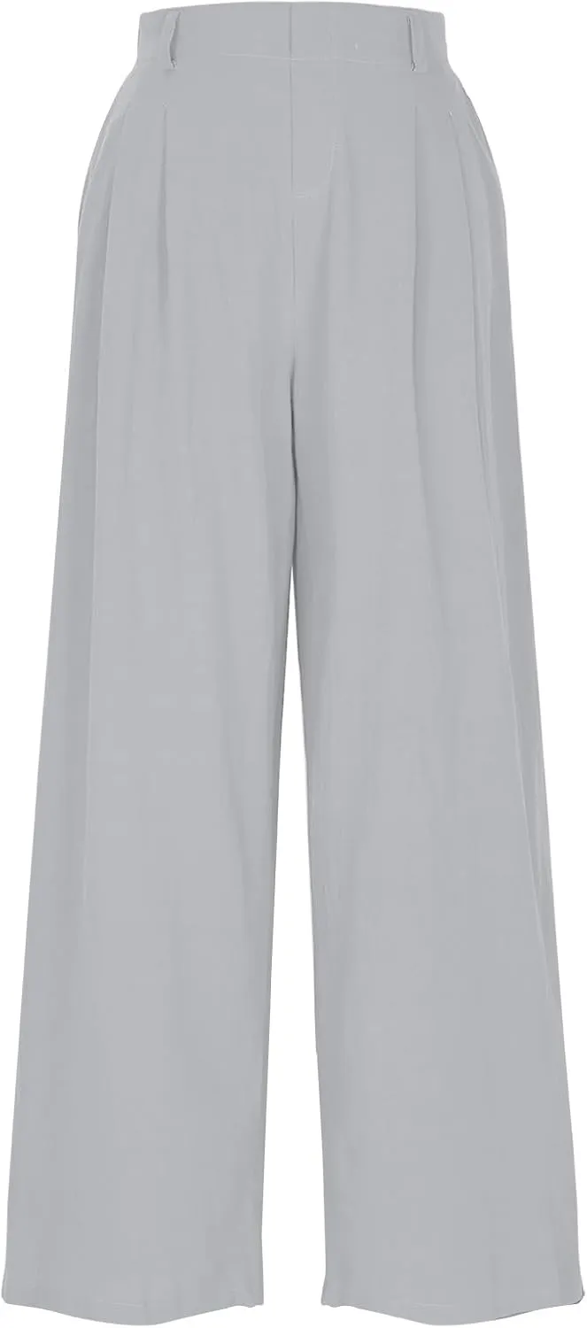 Women's High-Waisted Wide Leg Linen Pants Casual Loose Palazzo Trousers with Pockets Comfy Smocked Flowy Beach Pants