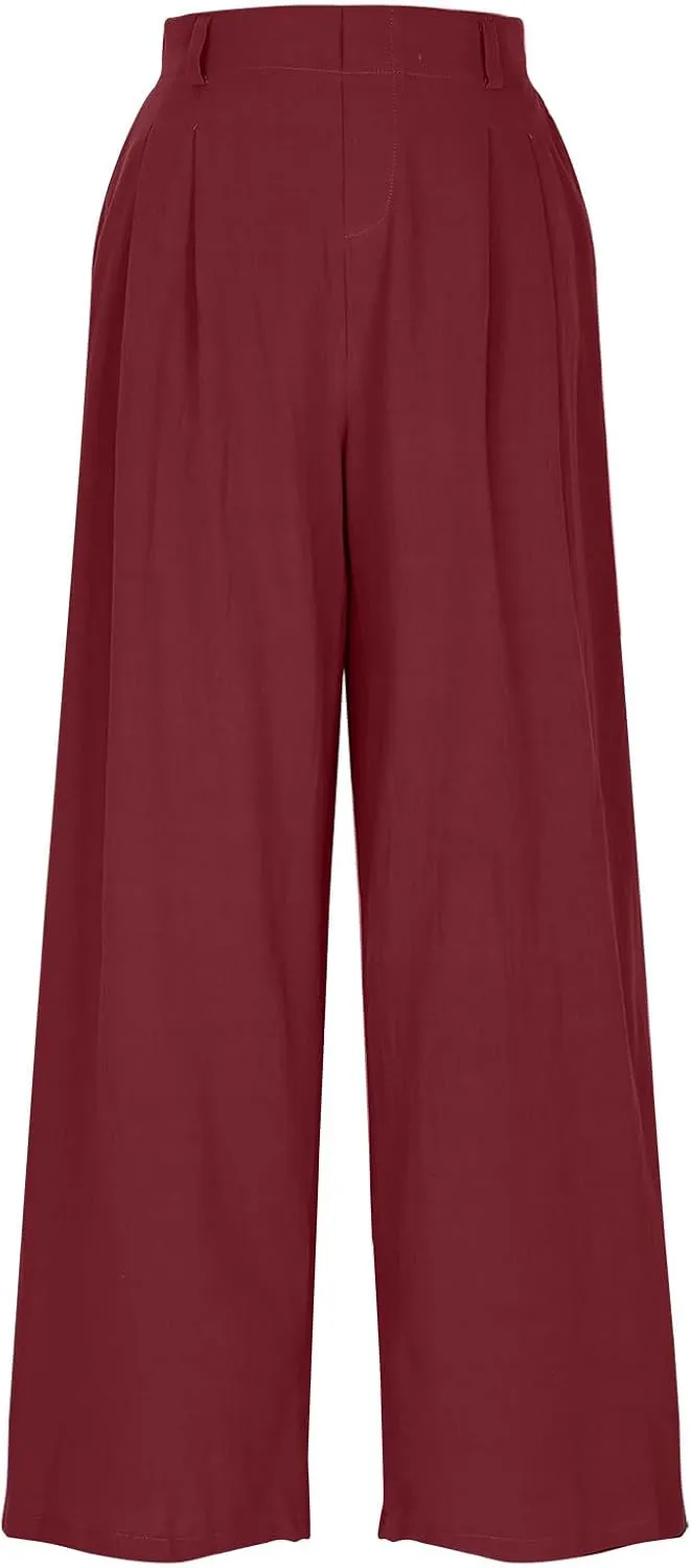 Women's High-Waisted Wide Leg Linen Pants Casual Loose Palazzo Trousers with Pockets Comfy Smocked Flowy Beach Pants