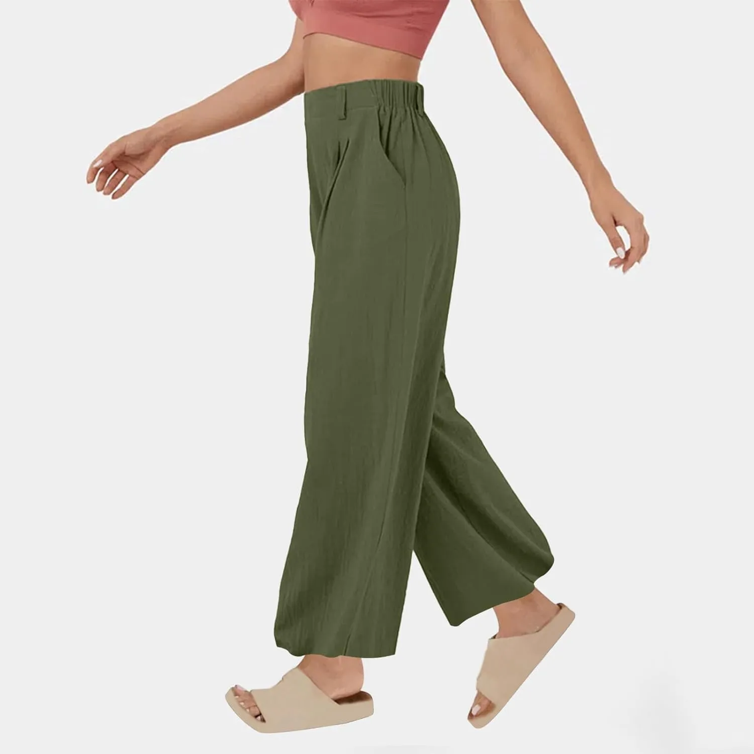 Women's High-Waisted Wide Leg Linen Pants Casual Loose Palazzo Trousers with Pockets Comfy Smocked Flowy Beach Pants